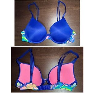 NWOT PINK By Victoria's Secret Blue Floral ‘Wear Everywhere’ Push-up Bra! 34A.